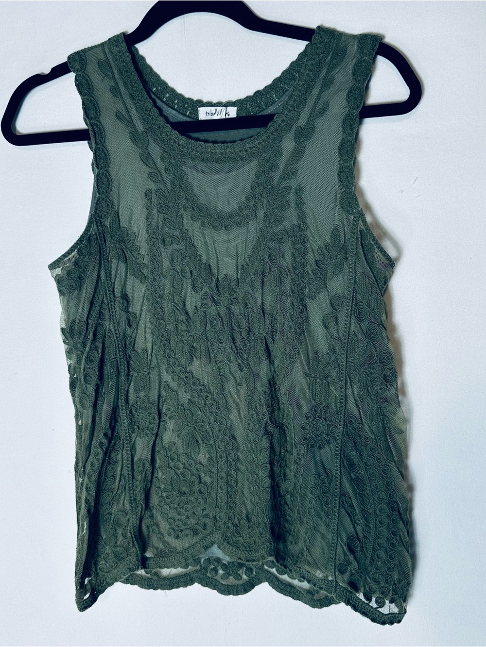 Tribal Jeans Sage Green Embroidered Mesh Layered Tank Top XS Boho Whimsigoth